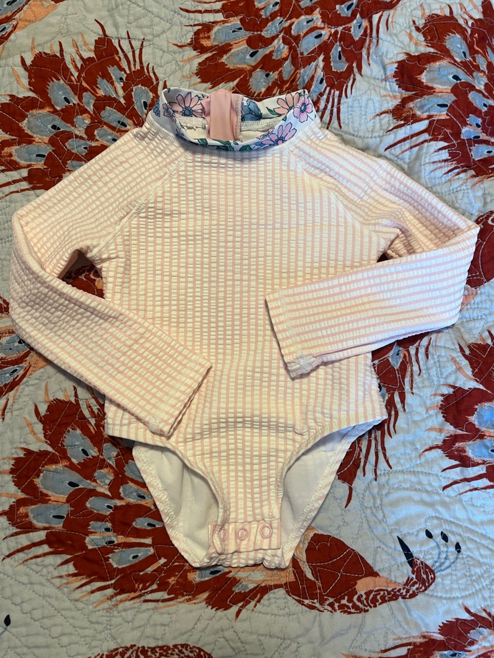 Tommy Bahama Pink and White Striped Floral-Trim Bodysuit